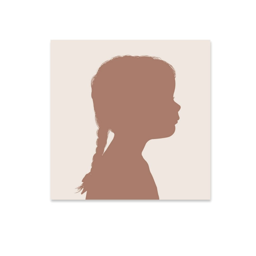 Burnt Peach’s custom Silhouette of a little girl with plait in Pantones colour of the year Mocha Mousse,