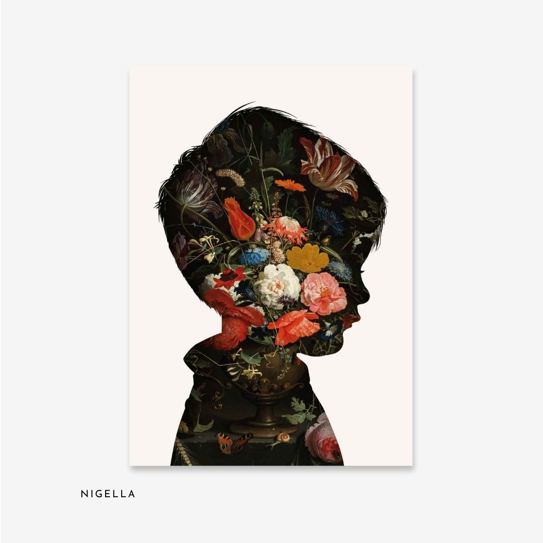 Personalised portrait of child in "nigella" floral design by Burnt Peach
