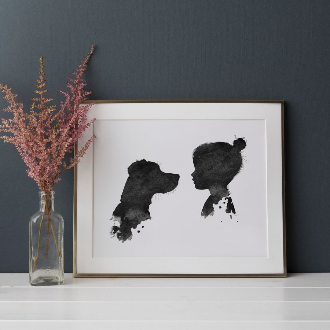 Ink Silhouette portrait of girl and pet dog – custom illustrated artwork from Burnt Peach