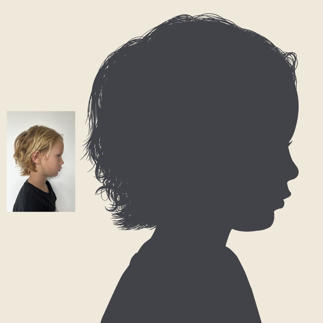 Personalised child silhouette portrait, showing before and after photo,  in Mocha Mousse  (Pantone-inspired CMYK match).