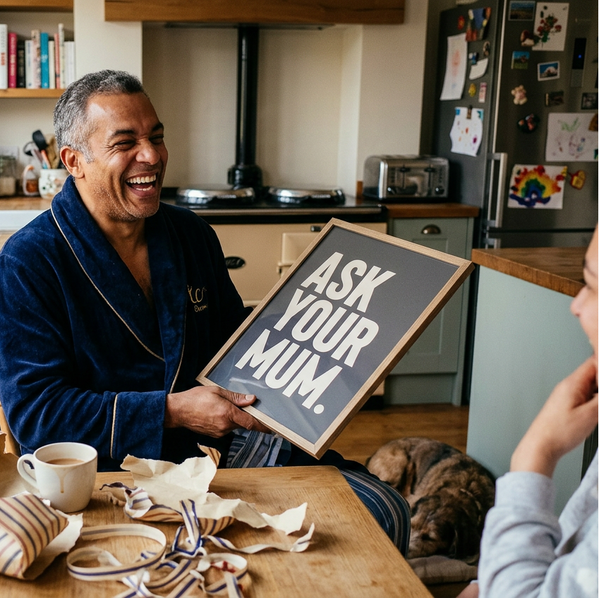 A dad has unwrapped a custom made quote print that says ASK YOUR MUM. he is in a kitchen with a cup of tea and his family.