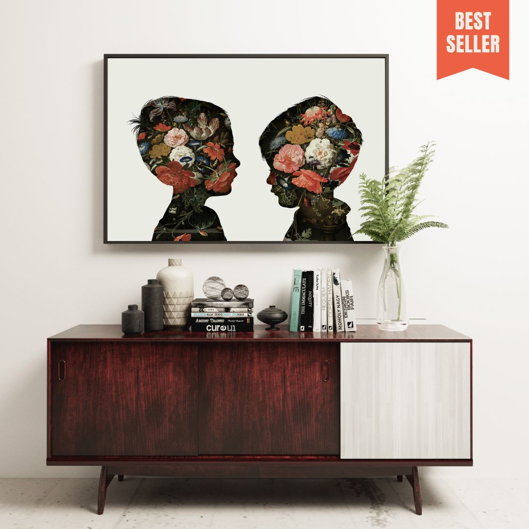 A1 custom silhouette portrait of 2 siblings in Vintage floral painted pattern framed in black.