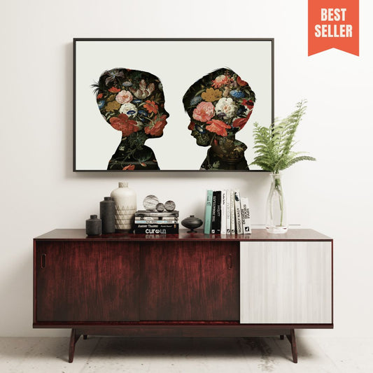 A1 custom silhouette portrait of 2 siblings in Vintage floral painted pattern framed in black.