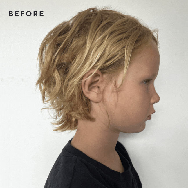 Before and after photo transformation of a child into a custom silhouette portrait by Little Peach Portraits.