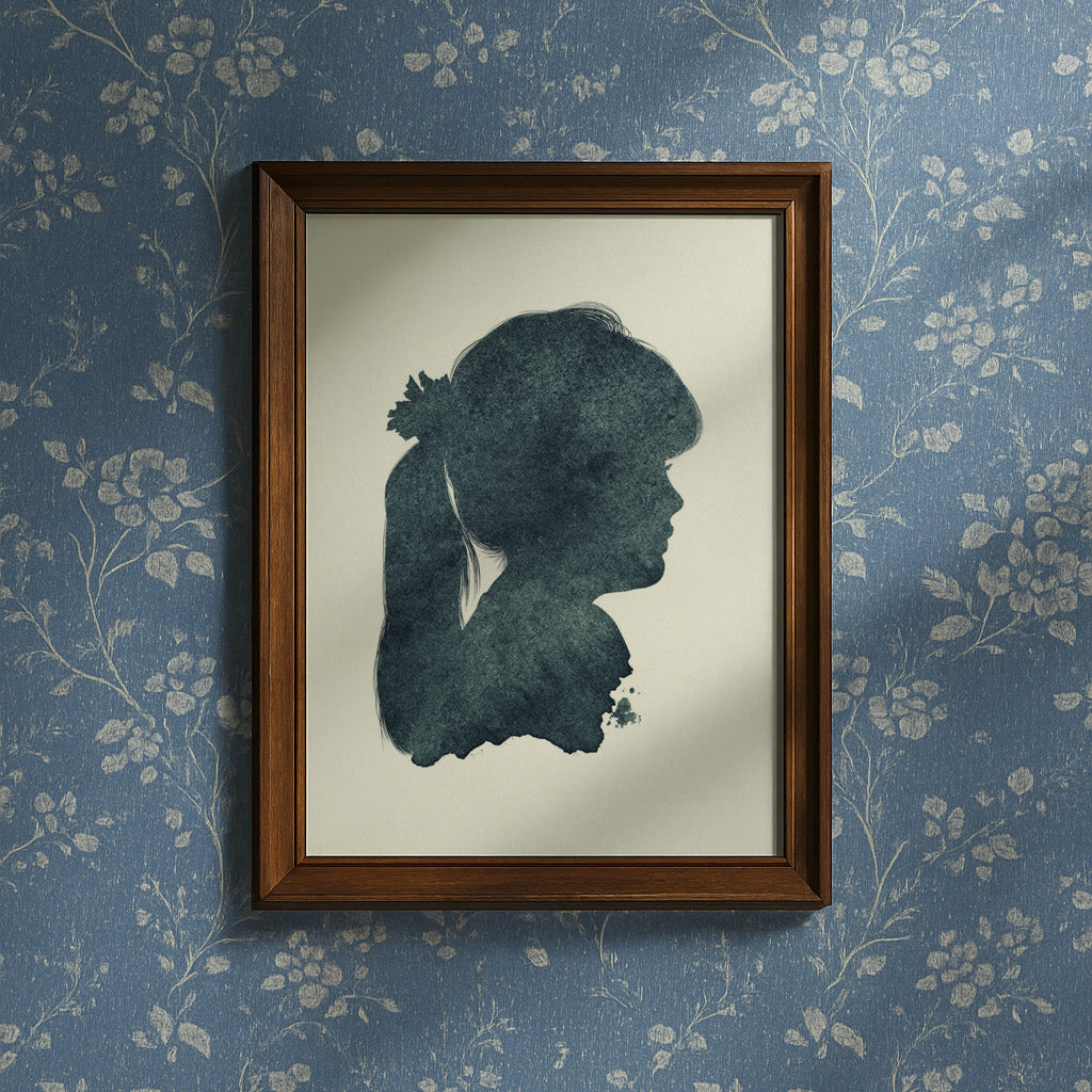 Silhouette portrait of a girl in vintage frame on floral wallpaper – custom wall art by Burnt Peach