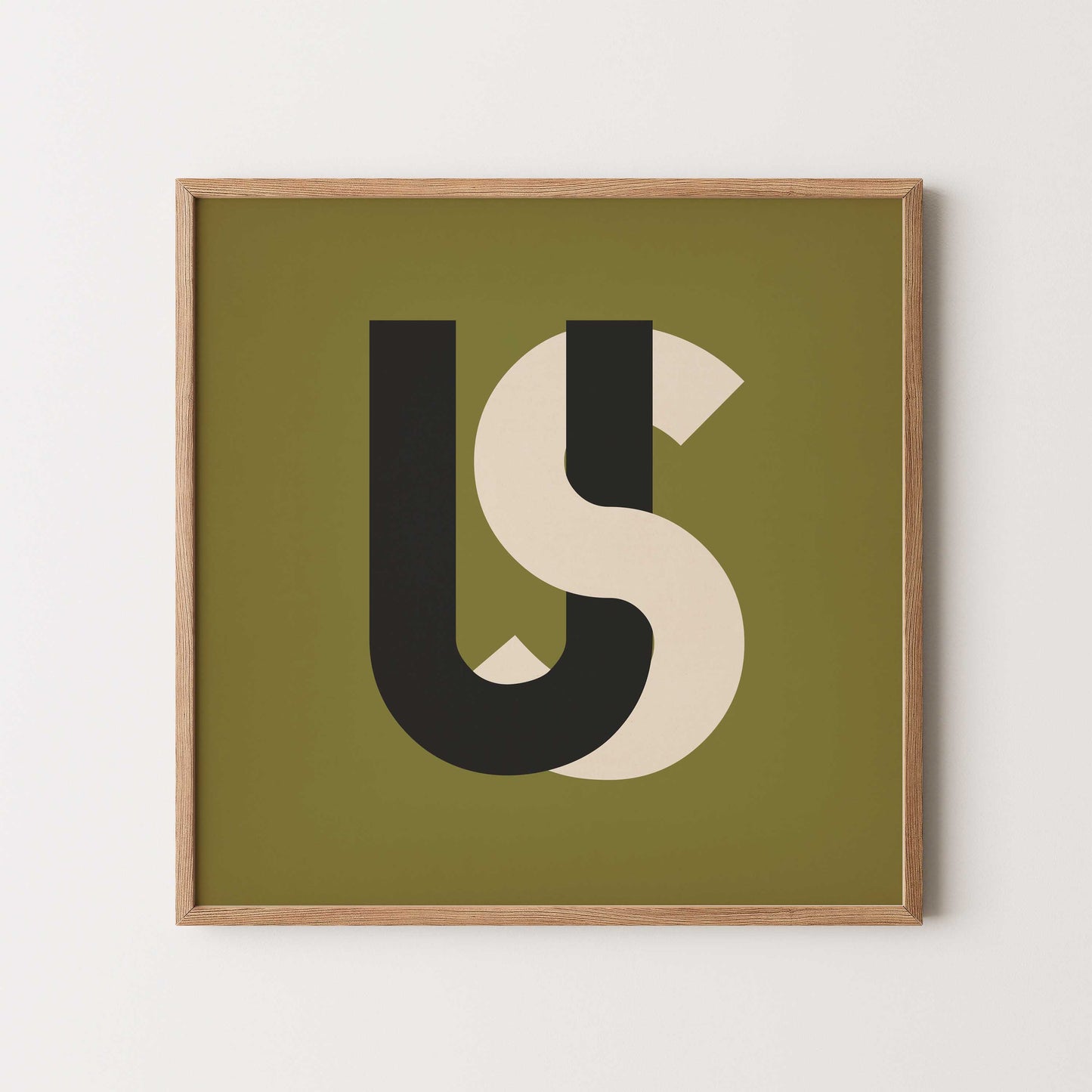 US typographic art print in bold black, cream and a vintage olive background, midcentury style, modern statement wall art for contemporary family interiors.