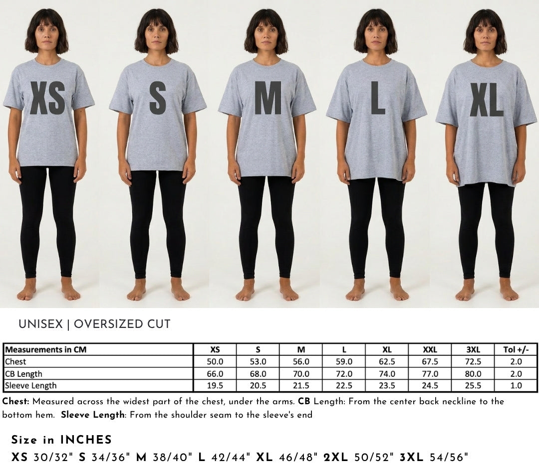 T-shirt sizing guide for fit of BurntPeach tshirt designs.