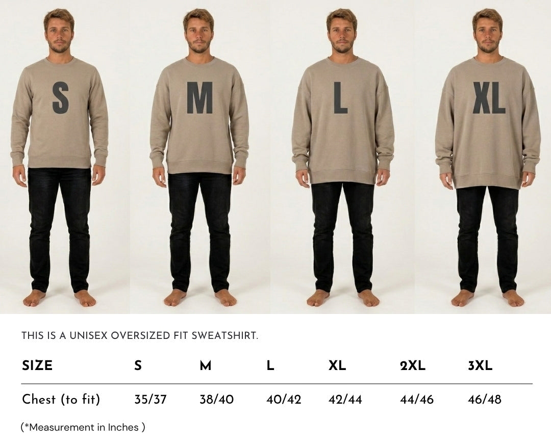 Sizing guide for sweatshirts worn on a man varios sizines from small to xl