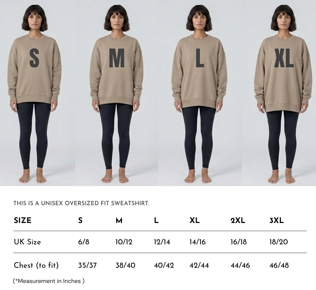 Sizing of sweatshirts shown on female model in studio. Sizing from s to XL of oversized sweatshirts.