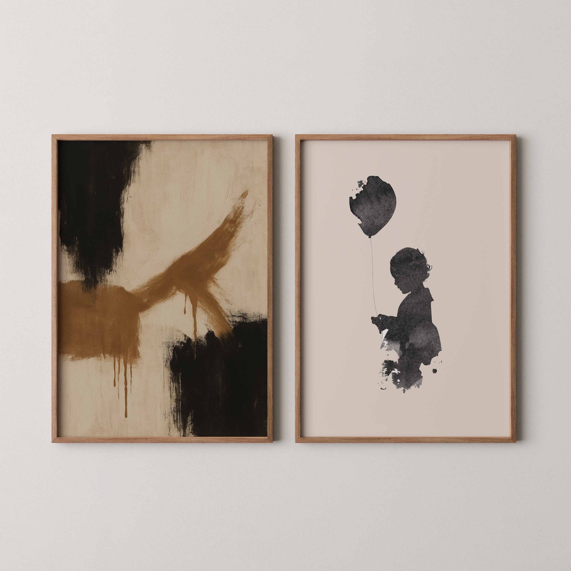Abstract brown canvas painting print, and bespoke custom silhouette portrait of a child with balloon.