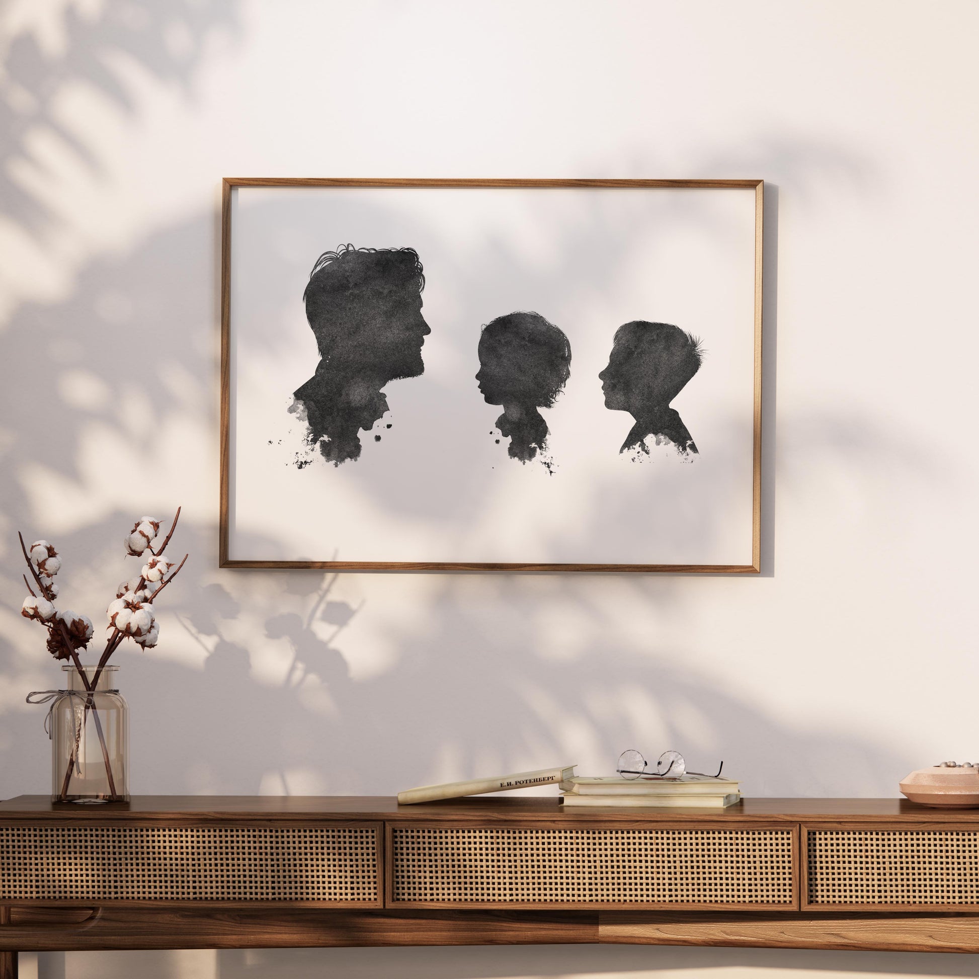 Family portrait of father and two sons – custom illustrated artwork from burntpeach.co.uk Peach.