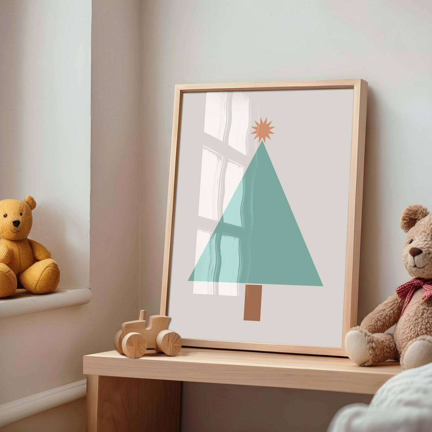 Minimalist muted green geometric shaped Christmas tree wall art print, festive decor for your home interiors.