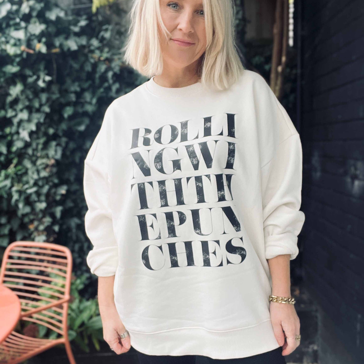 Rolling with the punches, unisex, organic oversized sweatshirt in ivory colour.