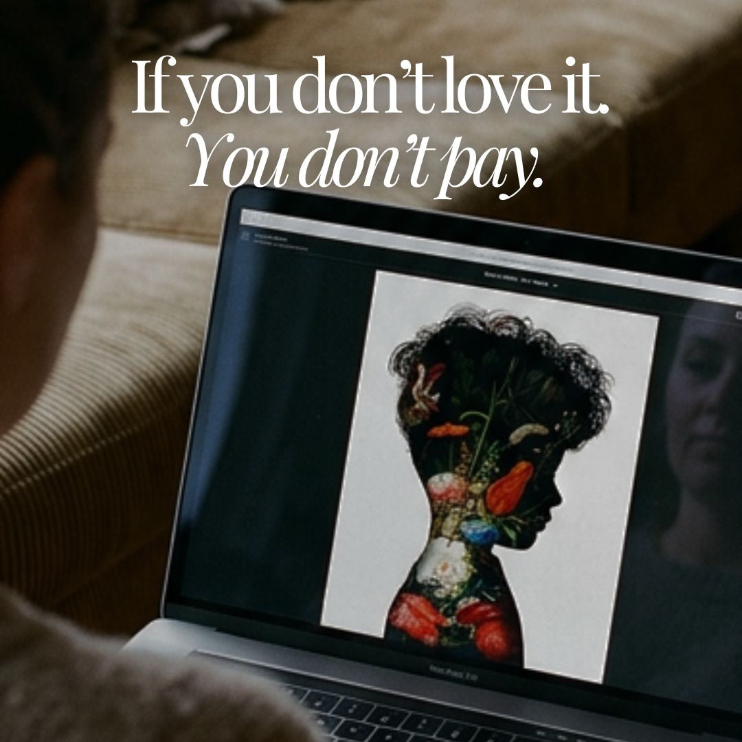 Customer viewing custom floral silhouette portrait on laptop with satisfaction guarantee, if you don't love it you don't pay, Little Peach Portraits by Burnt Peach Studio"