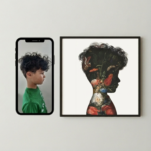 Before and after image of a boys floral Little Peach silhouette portrait, framed in a black square.
