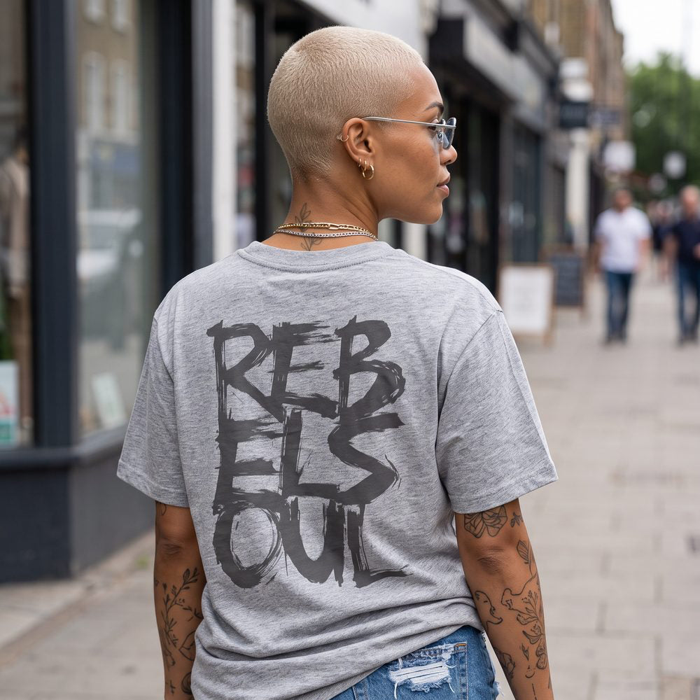 Rebel Soul T-shirt in grey marl, back print, worn on the street, by Burnt Peach