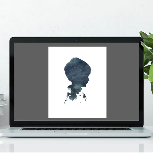 Custom digital portrait artwork displayed on a computer screen, printable file option for personalised wall art created from your chosen style.