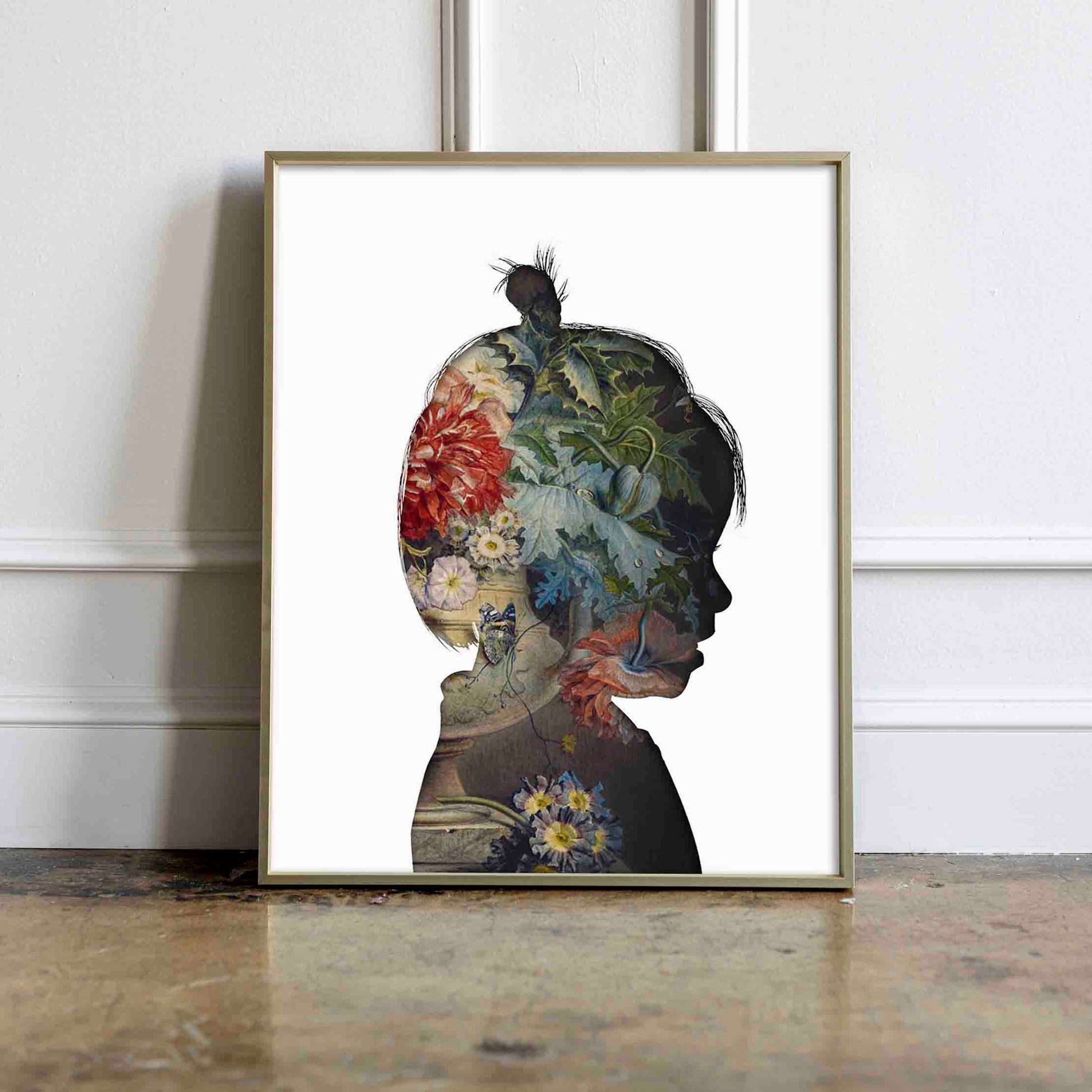Framed customer portrait of child in floral style holly.