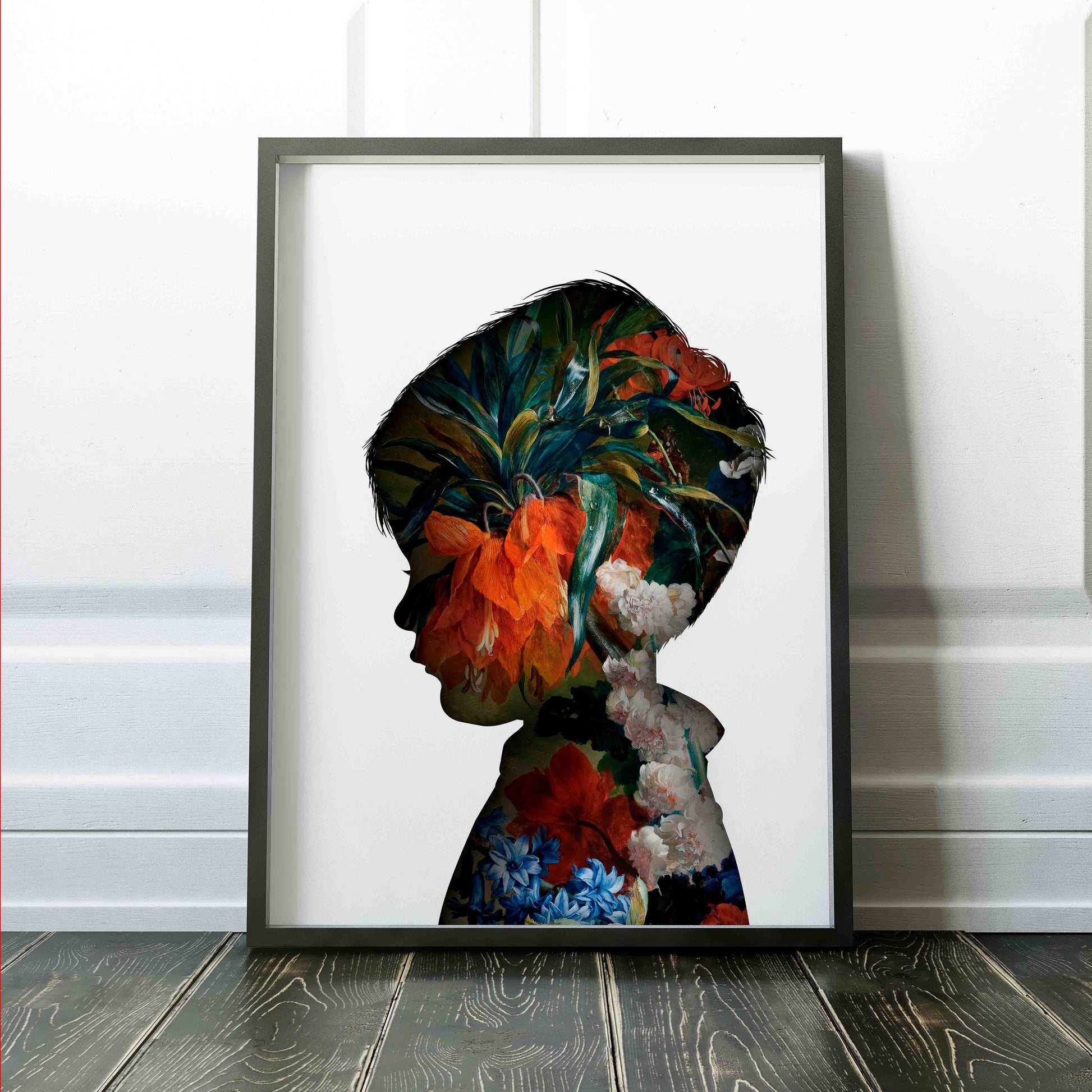 Single framed silhouette portrait of child in floral style by Little peach Portraits