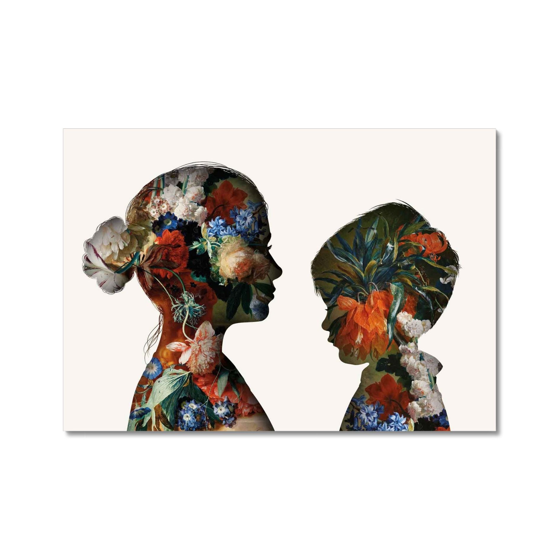 Double silhouette custom portrait of children in a vintage floral pattern by Burnt Peach