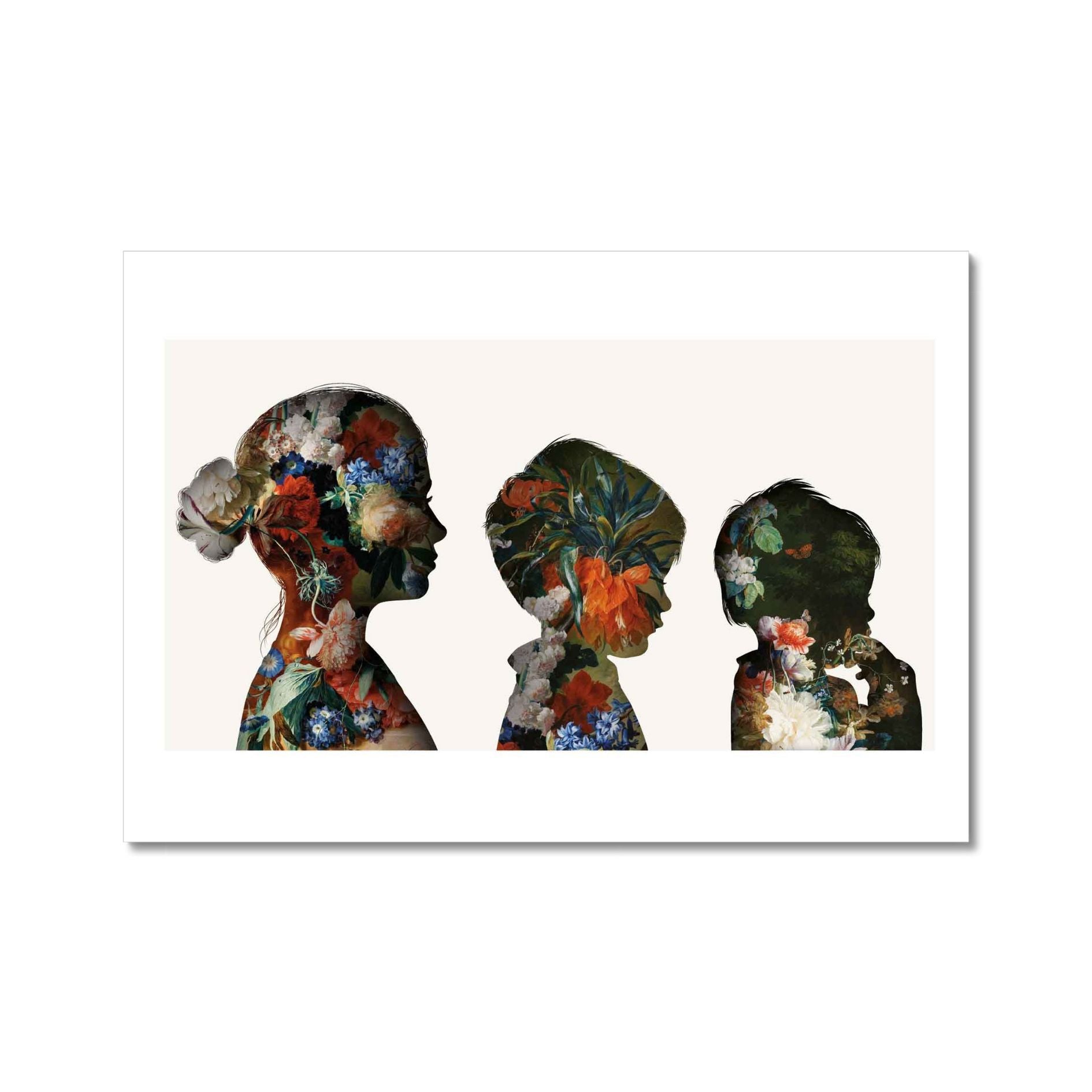 Custom drawn Triple Silhouette family portrait in floral painted style.