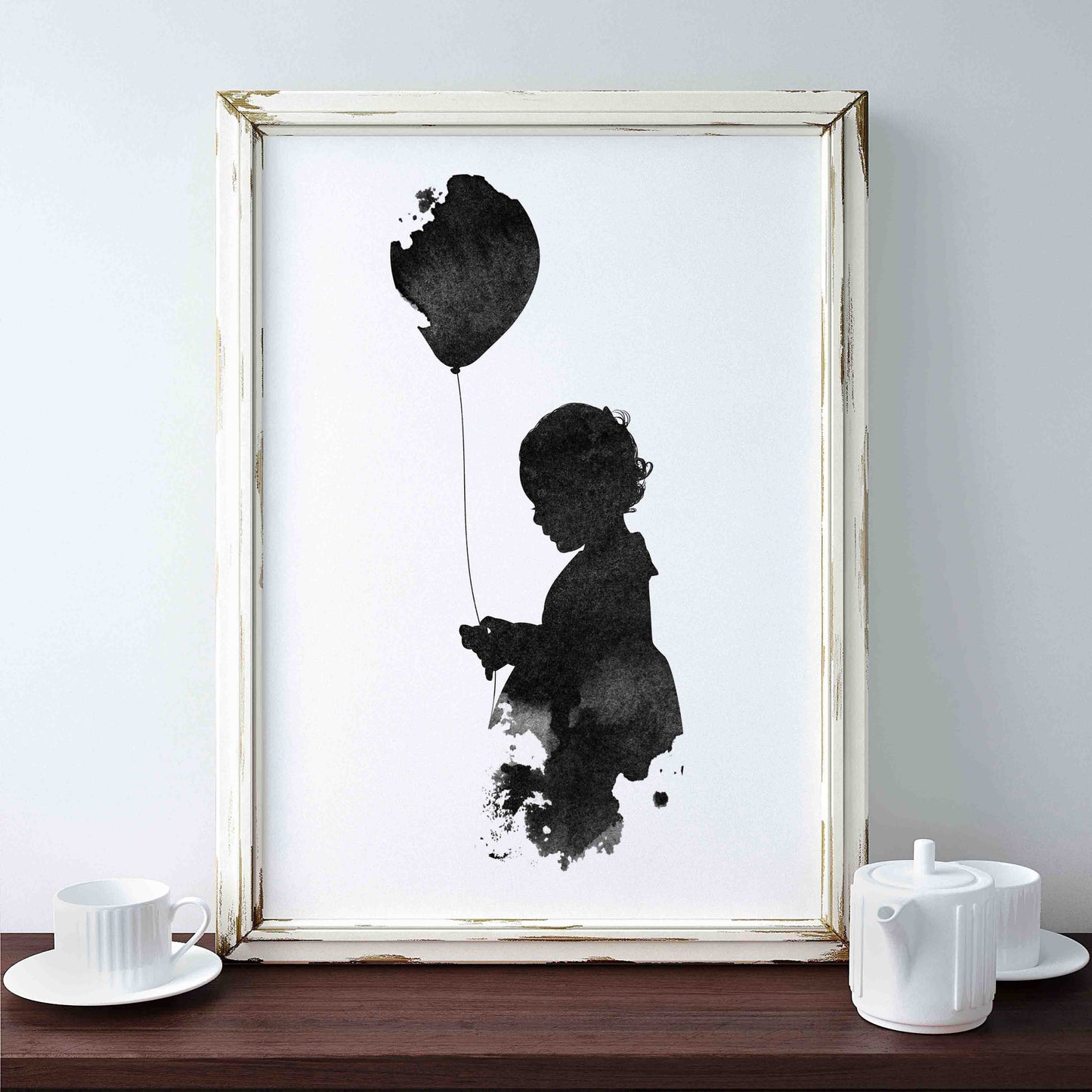 Custom ink silhouette portrait of girl and balloon – meaningful personalised artwork, perfect for home decor or keepsake gifts.