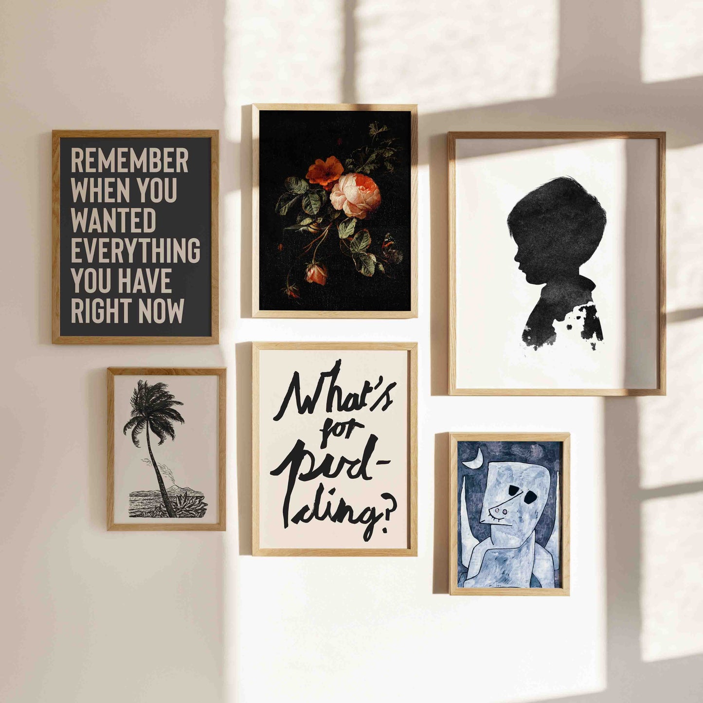 Gallery wall art from Burnt Peach, ink silhouette portrait, "What's For Pudding?" Quote print, gratitude Remember when, wall art print.
