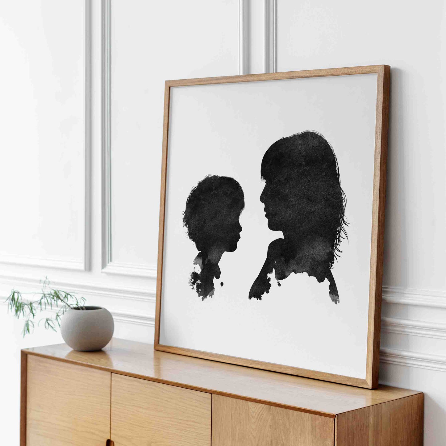 Mother & son silhouette ink portrait – custom illustrated artwork from Burnt Peach, made to last a lifetime.