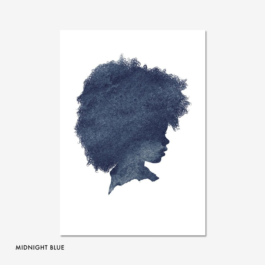 Midnight Blue Ink Silhouette portrait of a child – personalised wall art by Burnt Peach, ideal for modern family homes and gifting.