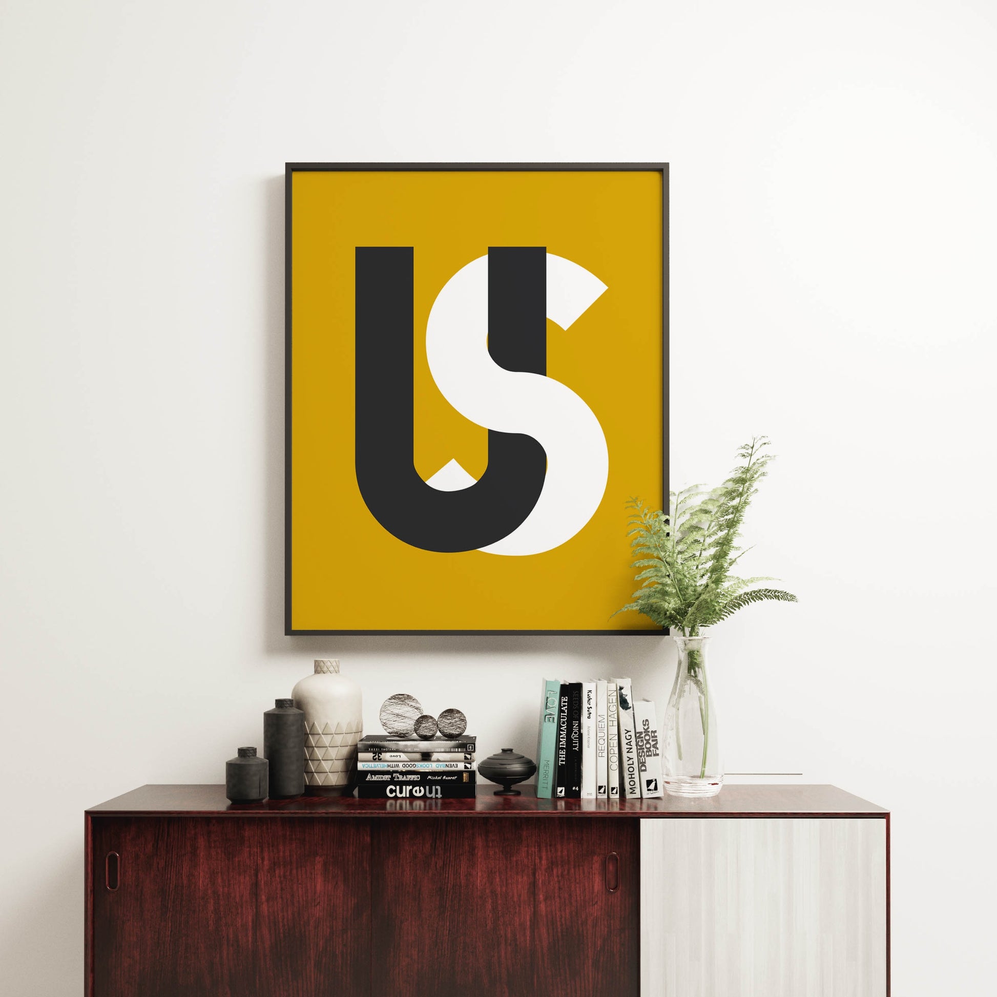 US typographic art print in bold black,  cream and mustard, midcentury style, bold statement wall art for family homes.