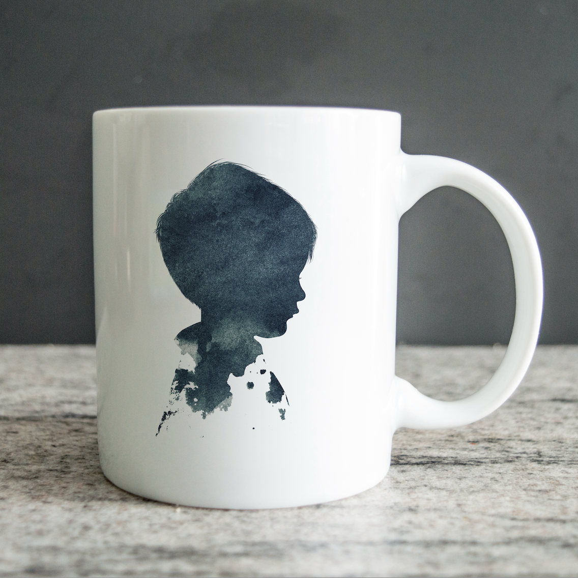 Personalised digital portrait design printed onto a white mug, example of custom artwork file you can download and use on homeware or gifts.