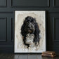 Painted pet portrait framed and displayed against dark wall in hallway