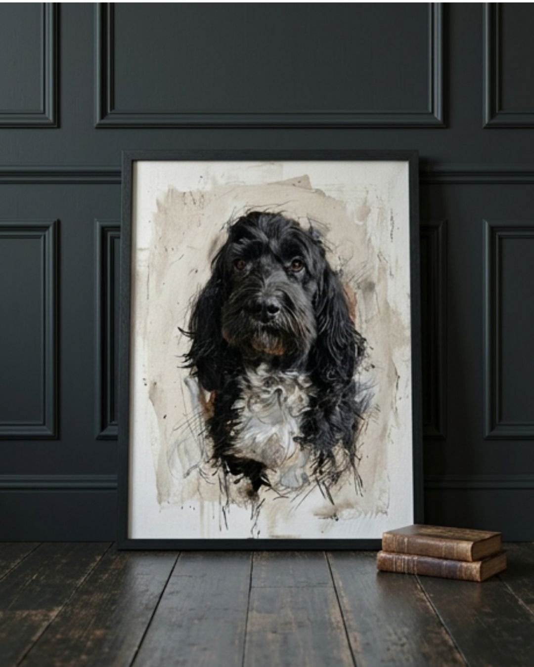 Painted pet portrait framed and displayed against dark wall in hallway