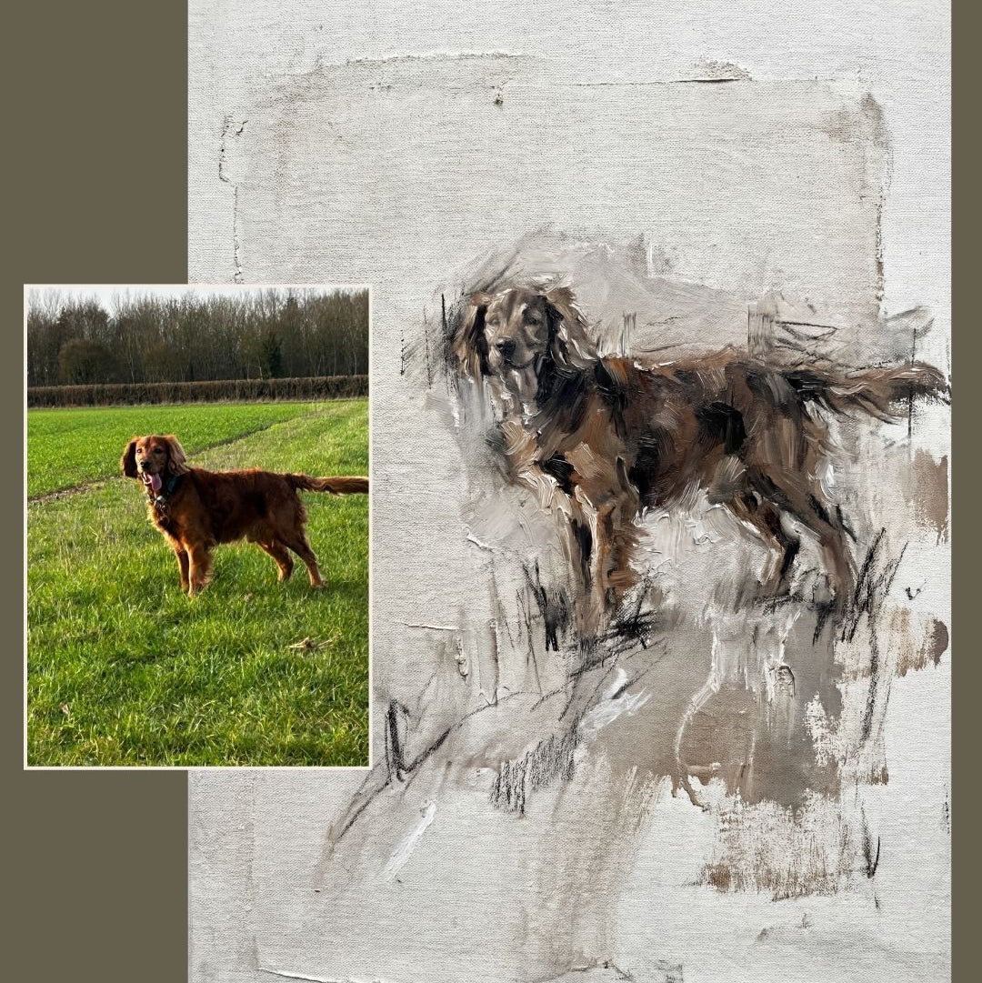 Painted dog portrait with before and after comparison photo, outdoor original