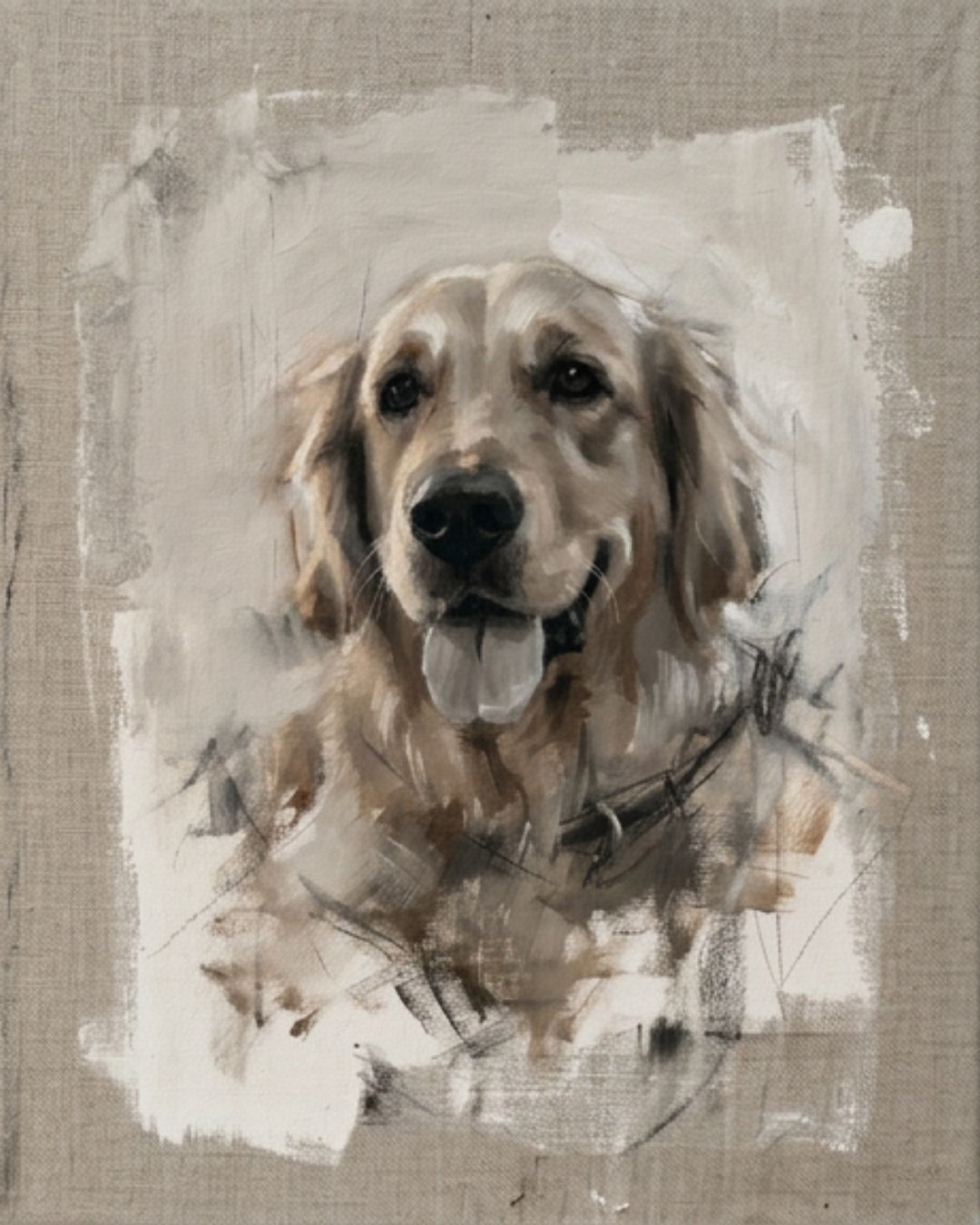 Painted pet portrait of a golden retriever style dog, soft neutral tones