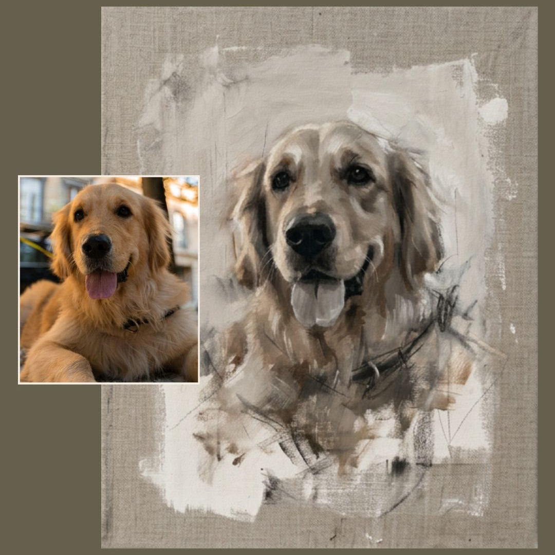 Painted pet portrait of a golden dog, soft painterly oil style