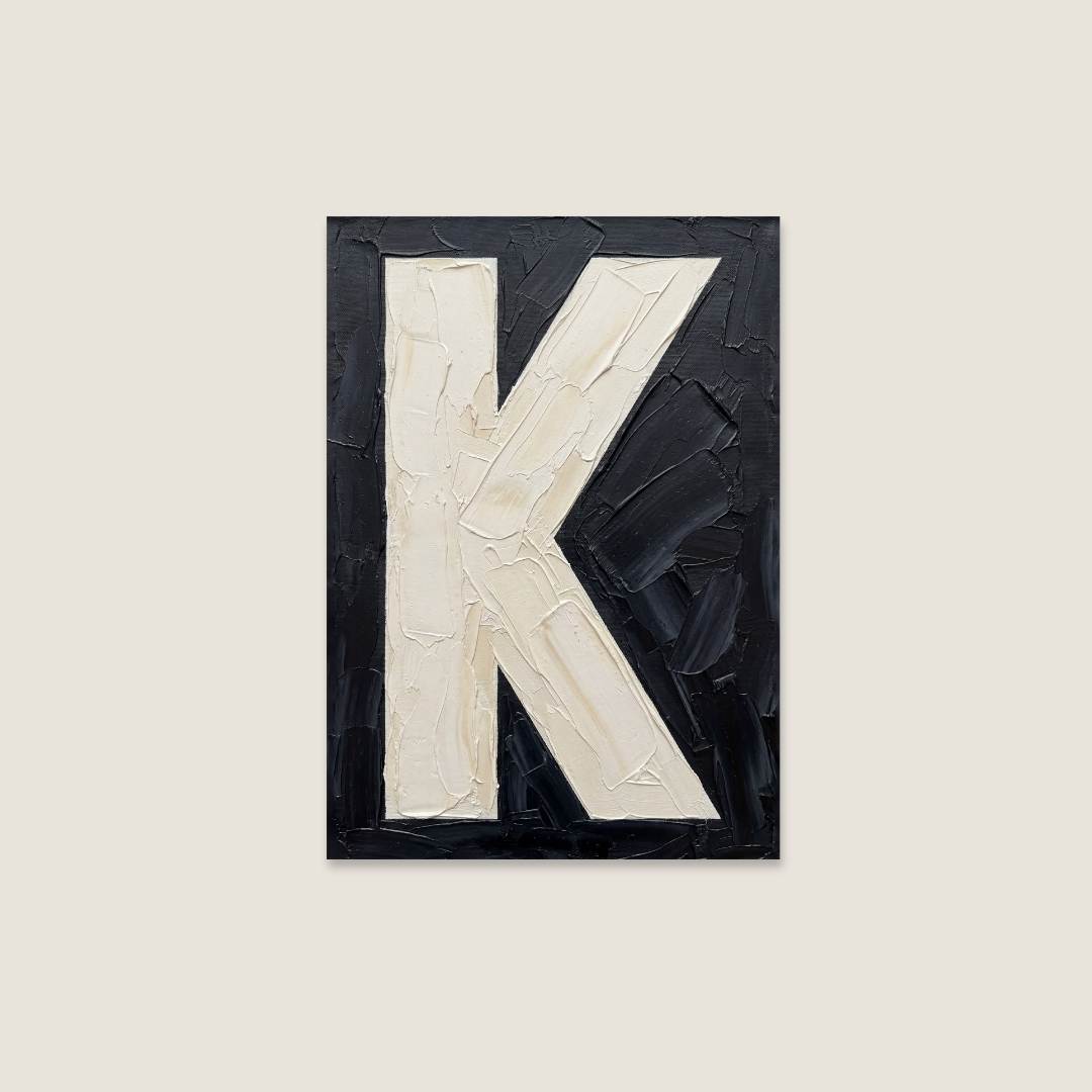 Letter K oil paint texture typography print on off white background