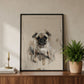 Painted pet portrait of pug dog  in black frame styled on sideboard with plant