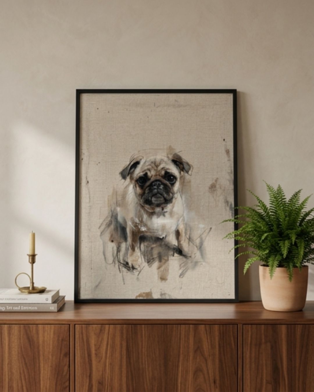 Painted pet portrait of pug dog  in black frame styled on sideboard with plant