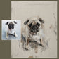 Painted pet portrait of a pug with before and after comparison photo