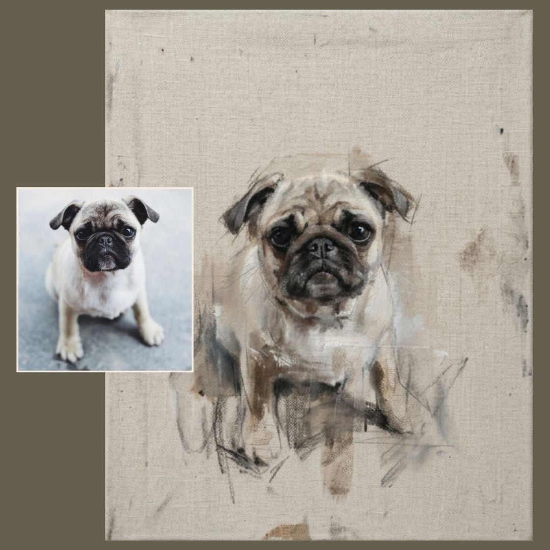 Painted pet portrait of a pug with before and after comparison photo