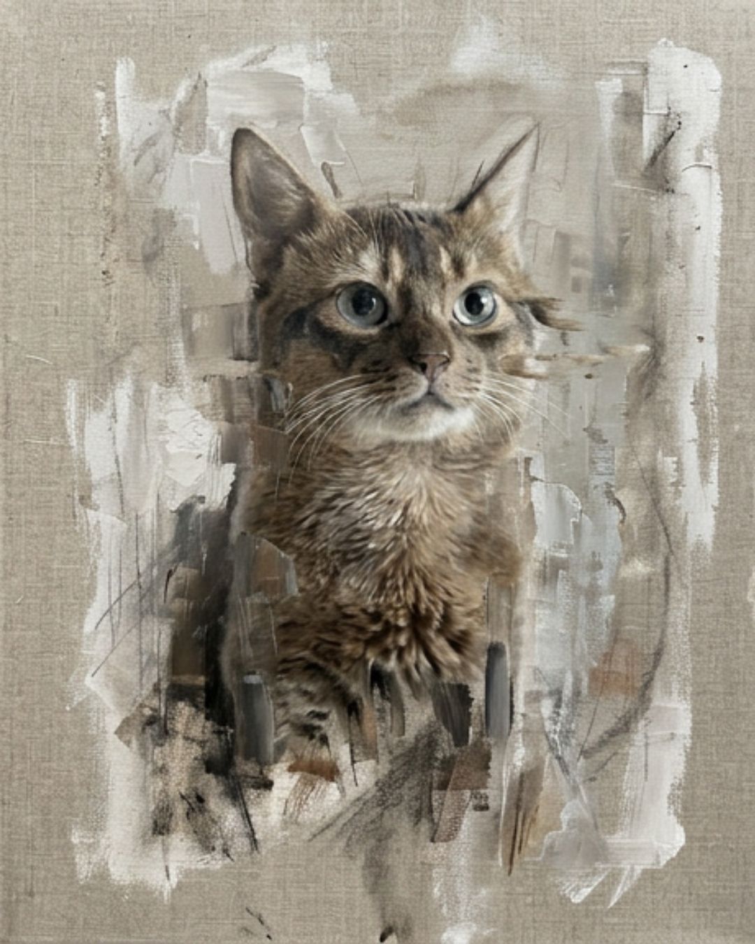 Painted pet portrait of a cat, soft muted oil painting style