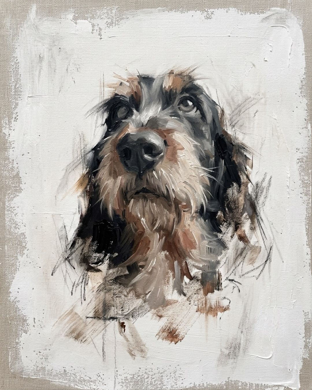 Painted pet portrait of a dog in soft muted oil painting style, close up
