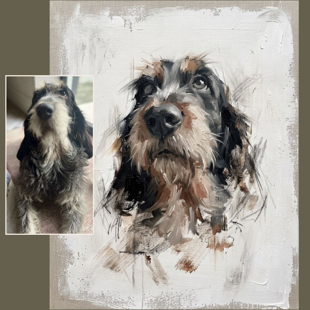 Digitally painted dog portrait with before and after photo comparison