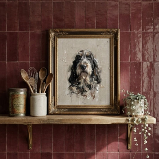 Painted pet portrait in gold frame displayed on shelf against red tiled wall