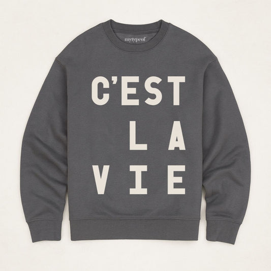 C'est La Vie unisex, oversized sweatshirt, in iron grey, flay lay photograph on a plain background. 
