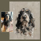 Painted dog portrait with before and after photo comparison