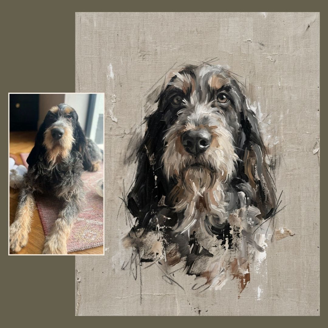 Painted dog portrait with before and after photo comparison
