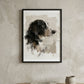 Painted pet portrait in black frame on console table, muted neutral style