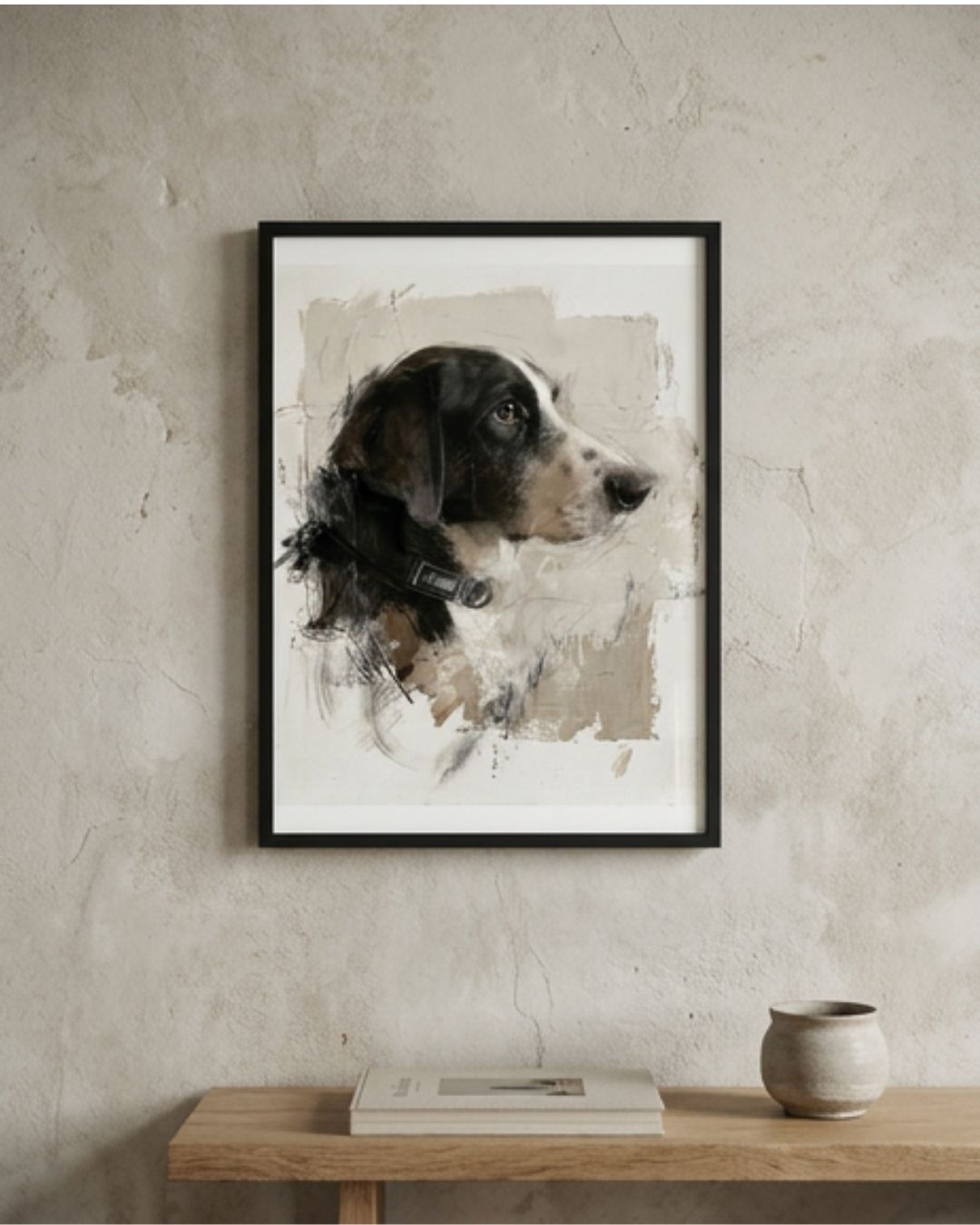 Painted pet portrait in black frame on console table, muted neutral style